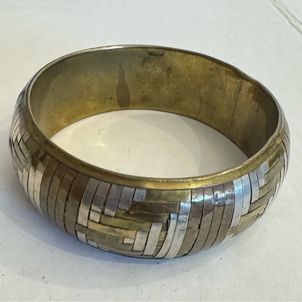 Vintage Metal Bangle Bracelet Tri-Color Woven Copper Bronze Silver Artsy Jewelry